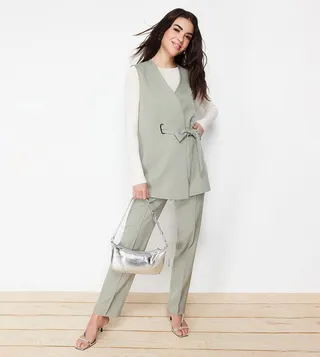 Solid Woven Wrap Vest and Trousers Set 