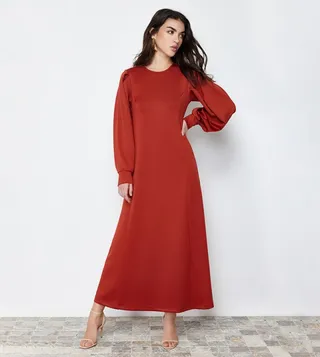 Solid Balloon Sleeves A-Line Dress
