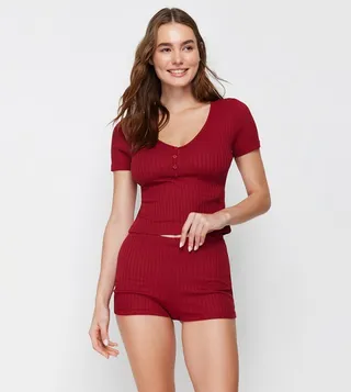 Ribbed Short Sleeves Shorty Pajama Set