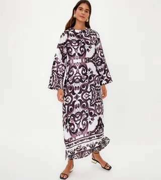 Patterned Long Sleeves Satin Maxi Dress