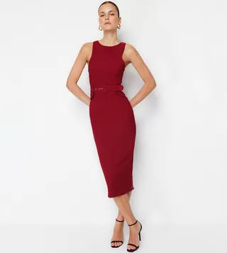 Solid Sleeveless Belted Midi Dress