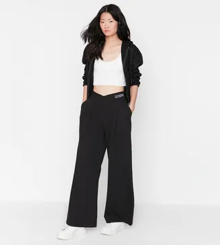 Print Detailed Wide Leg Knitted Trousers