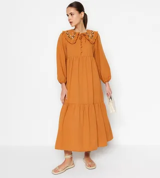 Embroidered Collared Neck Tiered Dress