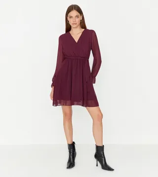 Solid V-Neck Mini Wrap Dress