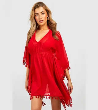 Chiffon Tassel Trim Plunge Beach Kaftan