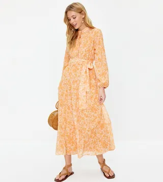 Patterned Long Sleeves Belted Tiered Dress