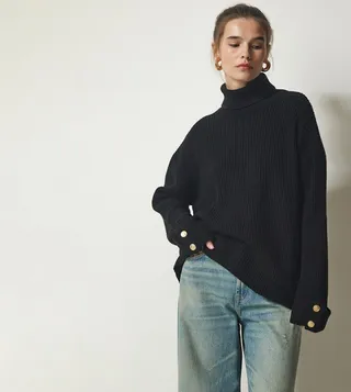 Button Detailed Turtleneck Oversized Knitted Sweater