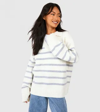 Soft Knit Striped Polo Collar Sweater