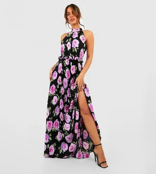 Floral Print Pleated High Neck Maxi Dress