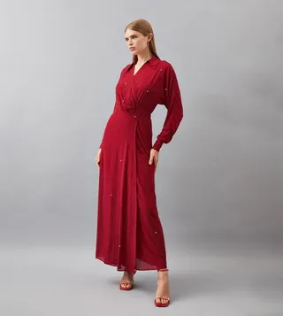 Hot Fix Plunge Batwing Woven Maxi Dress