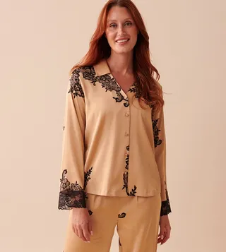 Satin and Lace Long Sleeves Button-Down Sleep Shirt