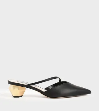 Asymmetric Strap Chrome Heel Mules-Black