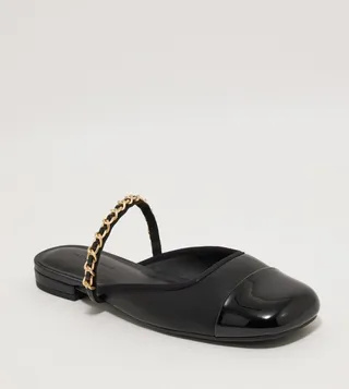 Patent Chain-Strap Mules