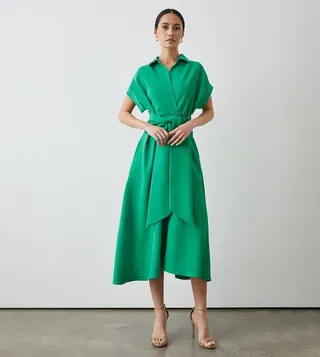 Green Front Tie Shirt Midi Dress