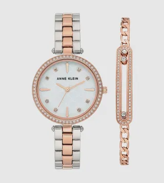 Crystal Accented Round Dial Watch and Bracelet Set