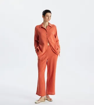 Crinkled Drawstring Waist Flared Trousers