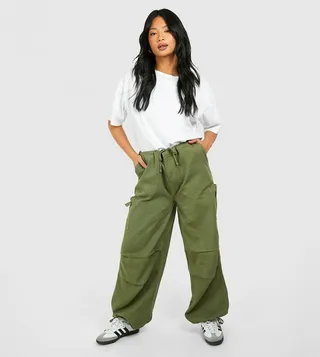 Petite Washed Tie Waist Cargo Trousers