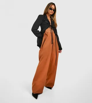 Waist Button Detail Wide Leg Trousers