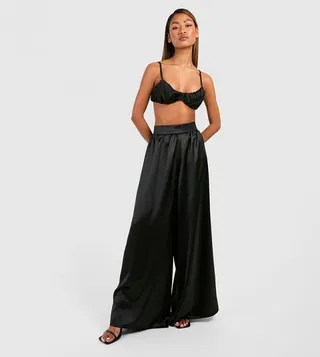 Thick Waistband Satin Floaty Wide Leg Trousers