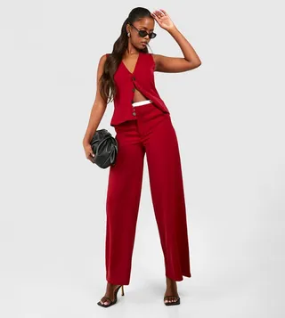 Contrast Waistband Wide Leg Tailored Trousers