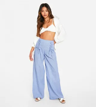 Lace Up Pinstripe Wide Leg Trousers