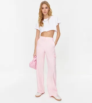 Contrast Stitch Detail Cargo Wide Leg Pants