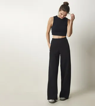 Solid Elastic Waist Wide Leg Pants