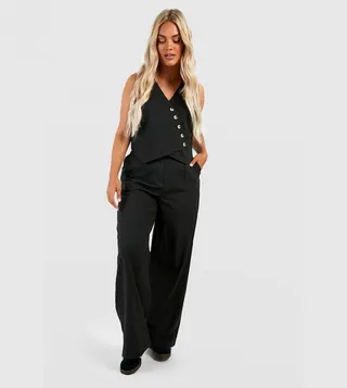Button Detail Tailored Wide Leg Trousers