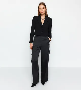 Solid Wide Leg Satin Cargo Pant