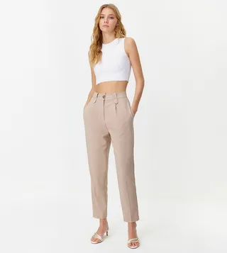 Solid High Waist Carrot Fit Trousers