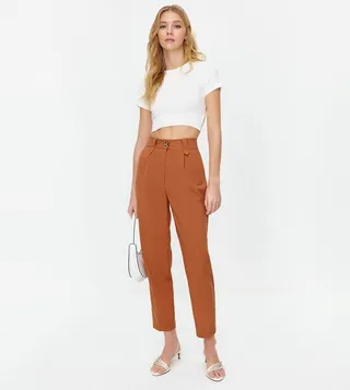 Solid High Waist Carrot Fit Trousers