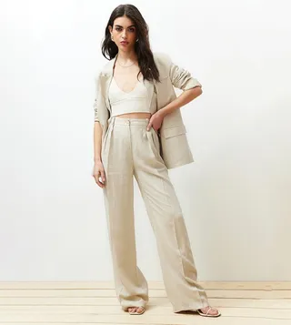 Ribbed Wide Leg Linen Woven Trousers