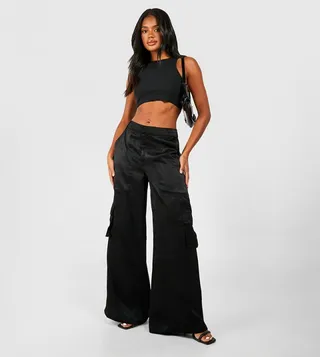 Solid Satin Wide Leg Cargo Trousers