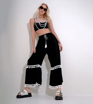 Drawstring Waist Tassel Detail Wide Leg Trousers