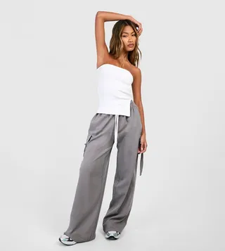 Contrast Draw Cord Wide Leg Cargo Trousers