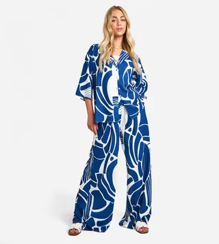 Hammered Abstract Printed Wide Leg Trousers