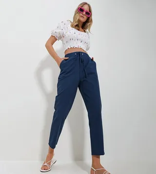 Drawstring Waist Slim Fit Trousers