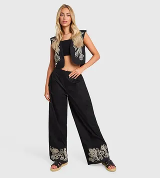 Embroidered Hem Wide Leg Trousers