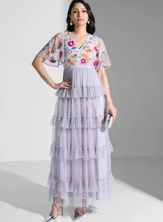 Plisse Embroidered Dress