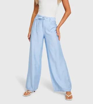 Belted Linen Straight Fit Trousers