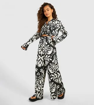 Mono Print Linen Look Wide Leg Trousers