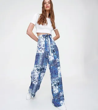 Patterned Drawstring Waist Trousers