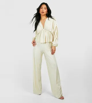 Petite Textured Plisse Wide Leg Trousers