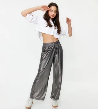 Metallic Elastic Waist Wide Leg Pants