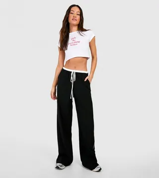 Tall Linen Contrast Piping Wide Leg Trousers