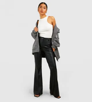 Leather Look High-Rise Seam Front Flared Trousers