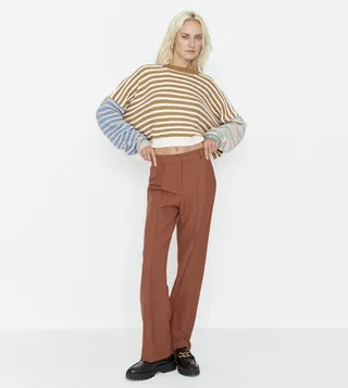 Solid Pleated High Rise Flared Trousers