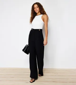Wide Leg Buttoned Woven Trousers
