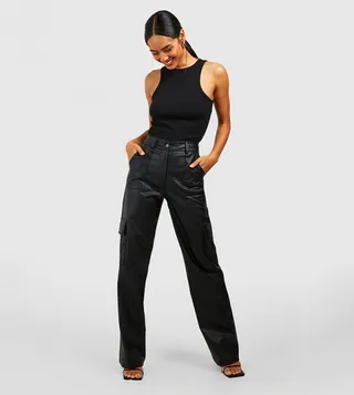 Leather Look Relaxed Fit Cargo Trousers