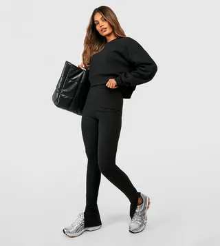 Cotton Black High-Rise Split Hem Leggings